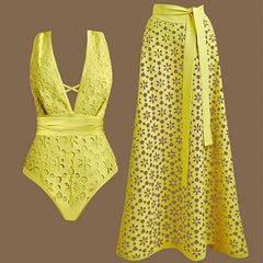 V-Neck Laser Cut Floral Bikini Set – Women’s Solid Color Luxury Swimsuit