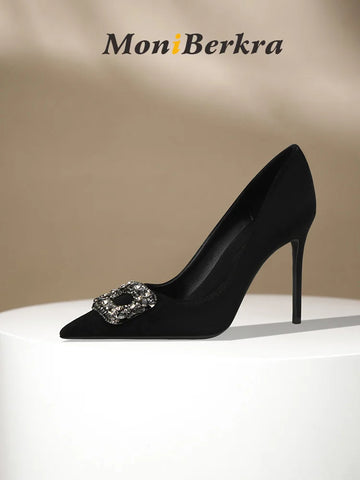 Diamond square buckle black high heels, slim heels, fashionable temperament, suede professional pointed French single shoes