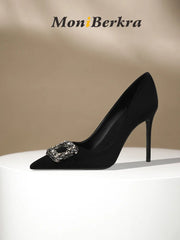 Diamond square buckle black high heels, slim heels, fashionable temperament, suede professional pointed French single shoes