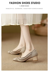 Women's high heels knitted breathable square heel beautiful princess non slip rubber sole comfortable shoes 2024 new model