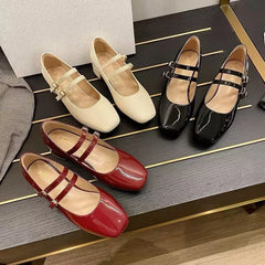 Burgundy Patent Mary Jane Pumps – Double Buckle Vintage Low Block Heels (2025)