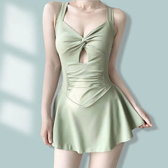 Solid Color Slimming One-Piece Swimsuit – Women’s Dress-Style Vacation Swimwear