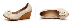 Genuine Leather 7cm High Heels Women Wedge Shoes Elegant Ladies Pure Black Beige Soft Comfortable
