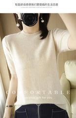 Women’s Short Sleeve Slim Fit Knitted Sweater – Camel & Pink