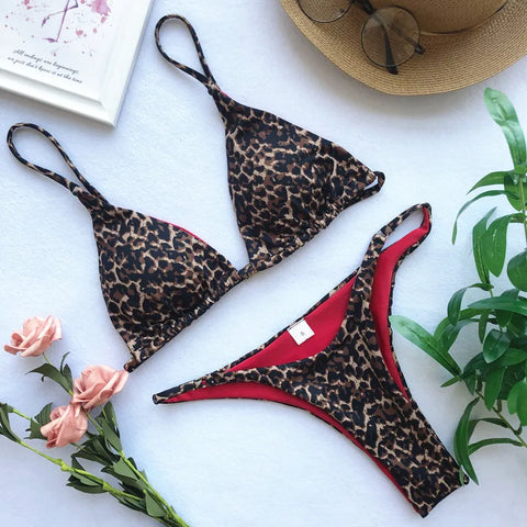 Micro Leopard Print Bikini – Women’s High-Cut Push-Up Bandage Swimsuit