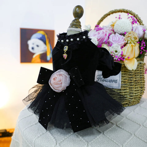 Black Sahara Rose Pet Dress – Warm Autumn/Winter Wedding Outfit for Small & Medium Dogs