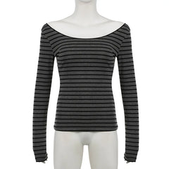 Women’s Japanese Stripe Long Sleeve Tee – Slim Off-Shoulder Y2K Top
