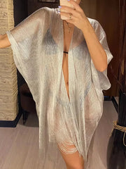 2025 Sexy Gold Tassel See-Through Beach Cover-Up Dress for Women