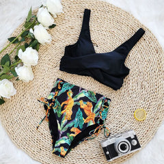 Floral V-Neck Cut-Out Bikini Set – Women’s High-Waist Two-Piece Swimsuit 2025