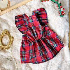 Red Plaid School-Style Dog Dress 🎀 Festive Outfit with Bow & Flutter Sleeves
