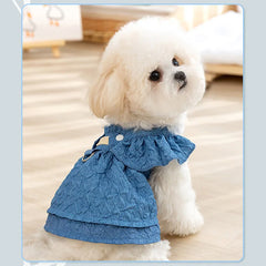 Denim Dog Dress – Summer Blue Outfit with Leash Ring for Small Dogs & Cats