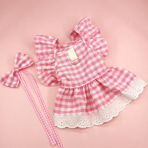 Pink & Yellow Plaid Dog Dress 🌸 Bow Tie Summer Outfit for Small Dogs
