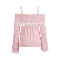 Women’s Off-Shoulder Pink Knit Sweater – Bow Lace Patchwork Pullover