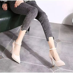 11cm Super High Stiletto Heels Pumps Women Shoes Pearl Chain Thong Ankle Strap Pointed Toe Big Size Leather Office Shoes