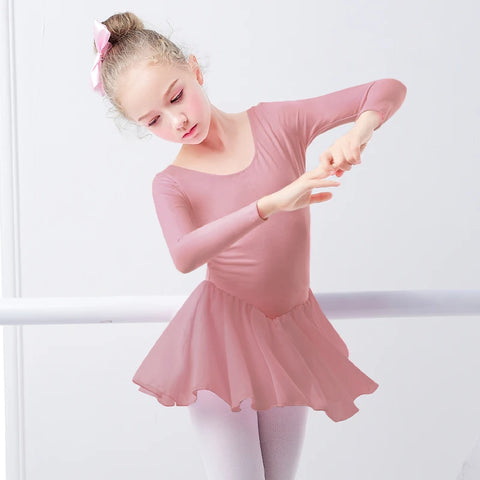 Girls Ballet Leotard Dress – Long/Short Sleeve Chiffon Skirt Dancewear