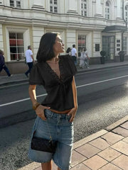 Women’s Lace Patchwork Top – V-Neck Short Sleeve Tee