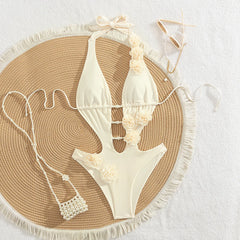 3D Flower Hollow One-Piece Swimsuit – Women’s Sexy Solid Bodysuit Beachwear