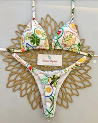 Y2K Print Halter Lace-Up Bikini Set – Sexy Women’s Thong Swimsuit