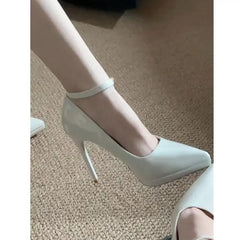 11cm Super High Stiletto Heels Pumps Women Shoes Pearl Chain Thong Ankle Strap Pointed Toe Big Size Leather Office Shoes