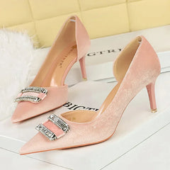 Velvet Pointed Toe Hollow Pumps – Crystal Buckle Thin High Heels (Purple)