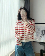 Women’s Stripe Knit Cardigan – O-Neck Single-Breasted Crop Sweater