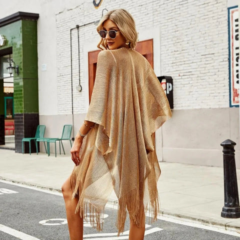 2025 Sexy Gold Tassel See-Through Beach Cover-Up Dress for Women