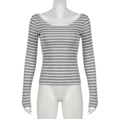 Women’s Japanese Stripe Long Sleeve Tee – Slim Off-Shoulder Y2K Top
