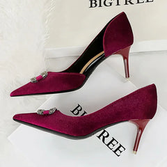 Velvet Pointed Toe Hollow Pumps – Crystal Buckle Thin High Heels (Purple)