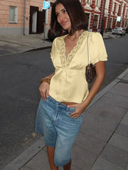 Women’s Lace Patchwork Top – V-Neck Short Sleeve Tee