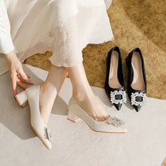 Women's Elegant Black Mid Block Heels Pumps with Crystal Rhinestone Pointed Toe Dress Shoes