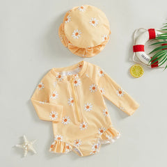 Toddler Girl Floral Rash Guard Swimsuit Set with Hat – Long Sleeve Zipper Bathing Suit