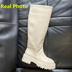 MORAZORA Plus Size 34-43 New Full Cow Leather Women Boots Slip On Chunky Platform Knee High Boots Ladies Autumn Winter Shoes