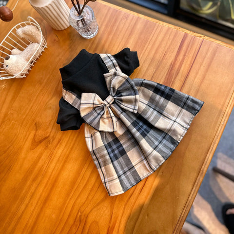 Black & Khaki Plaid Pet Dress – School-Style Dog & Cat Outfit with Bow Tie