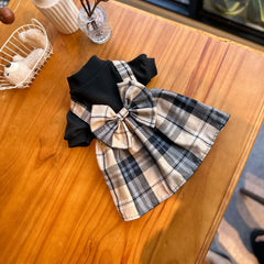 Black & Khaki Plaid Pet Dress – School-Style Dog & Cat Outfit with Bow Tie