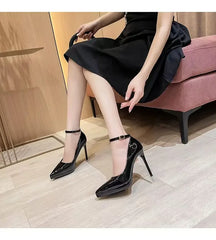 11cm Super High Stiletto Heels Pumps Women Shoes Pearl Chain Thong Ankle Strap Pointed Toe Big Size Leather Office Shoes