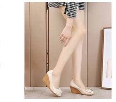 Genuine Leather 7cm High Heels Women Wedge Shoes Elegant Ladies Pure Black Beige Soft Comfortable