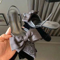 Black Bow knot High Heels Sandals Women 2025 Summer Slingback Pumps Vintage Satin Pointed Toe Heeled Elegant Party Lady Shoes