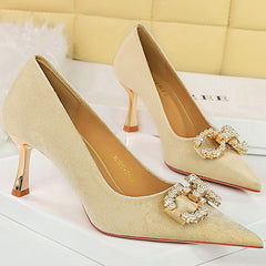 Luxury Women 7cm High Heels Wedding Replica Pumps Lady Luxury Designer Metal Chain Buckle High Heels Stiletto Women Dress Shoes