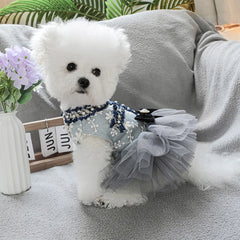 Grey Blue Princess Pet Dress – Autumn/Winter Wedding Outfit for Small & Medium Dogs