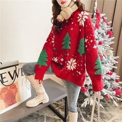 Korean Color-Block Christmas Sweater – Women’s Thick Winter Hoodie 2025