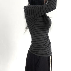 Women’s Japanese Stripe Long Sleeve Tee – Slim Off-Shoulder Y2K Top