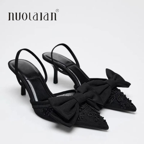 Black Bow knot High Heels Sandals Women 2025 Summer Slingback Pumps Vintage Satin Pointed Toe Heeled Elegant Party Lady Shoes