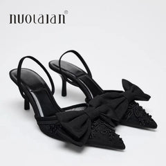 Black Bow knot High Heels Sandals Women 2025 Summer Slingback Pumps Vintage Satin Pointed Toe Heeled Elegant Party Lady Shoes