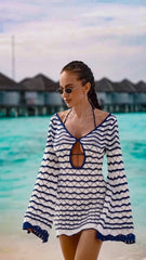 Boho Striped Knit Mini Dress – V-Neck Cut-Out Bell Sleeve Cover-Up (K123)