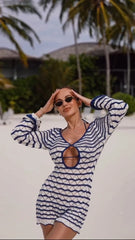 Boho Striped Knit Mini Dress – V-Neck Cut-Out Bell Sleeve Cover-Up (K123)