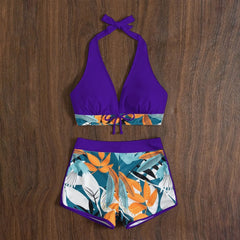 High-Waist Plant Print Bikini Set – Women’s Two-Piece Swimsuit