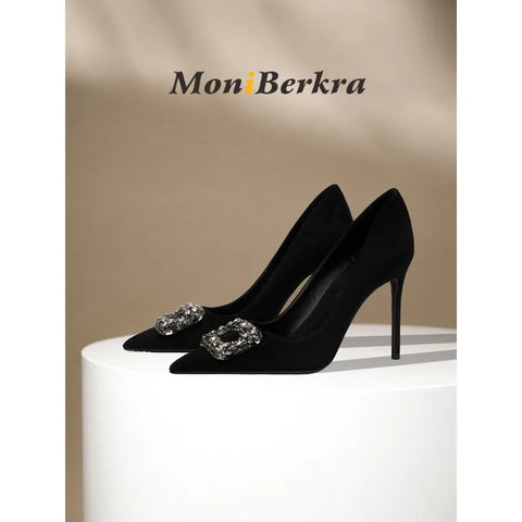 Diamond square buckle black high heels, slim heels, fashionable temperament, suede professional pointed French single shoes