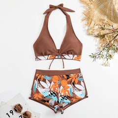 High-Waist Plant Print Bikini Set – Women’s Two-Piece Swimsuit