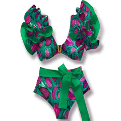 2025 Floral Ruffle Bandage Bikini Set – Women’s Push-Up Two-Piece Swimsuit