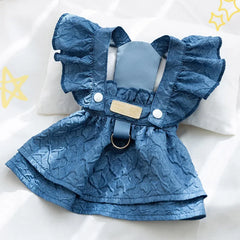 Denim Dog Dress 👗 Summer Blue Outfit with Leash Ring for Small Dogs & Cats